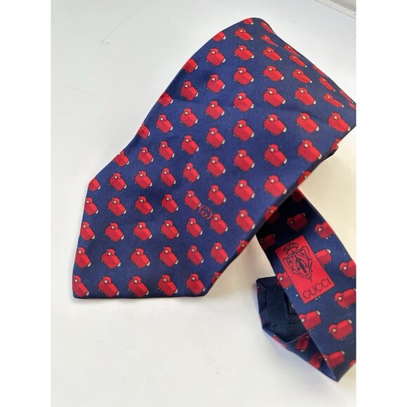 Gucci Silk Neck Tie Blue Red Sheep - Picture 1 of 6